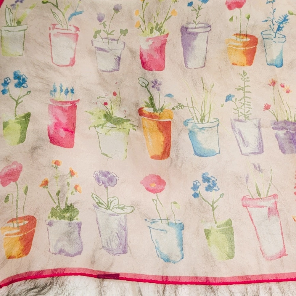 Vintage Echo Silk Head & Neck Scarf Potted Flowers Hot Pink Border - Picture 3 of 7
